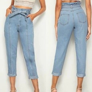 Women's Paperbag High Waisted Belted Mom's Denim Jeans XS